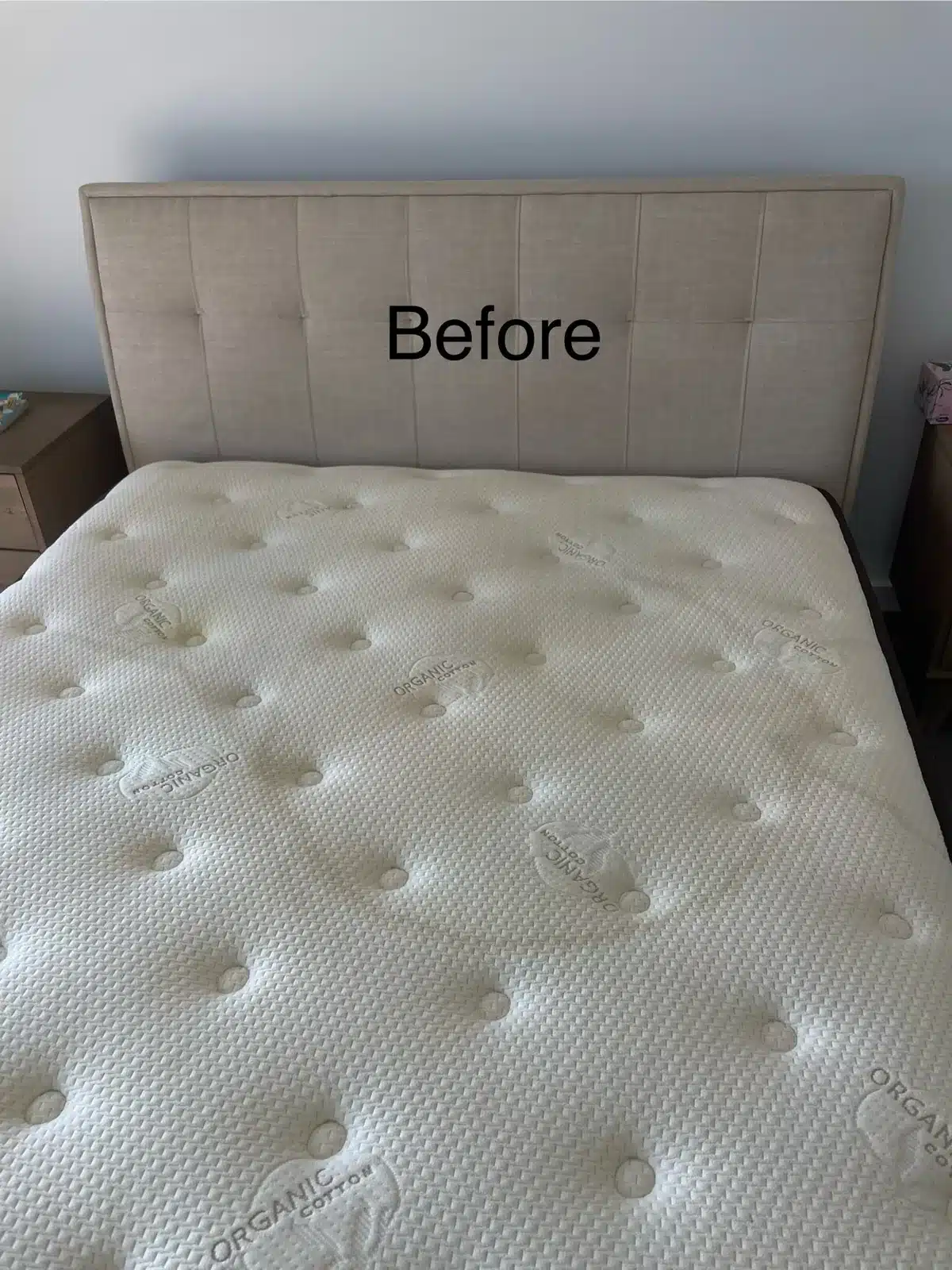 Before: mattress cleaned and sanitised beside an upholstered bed head