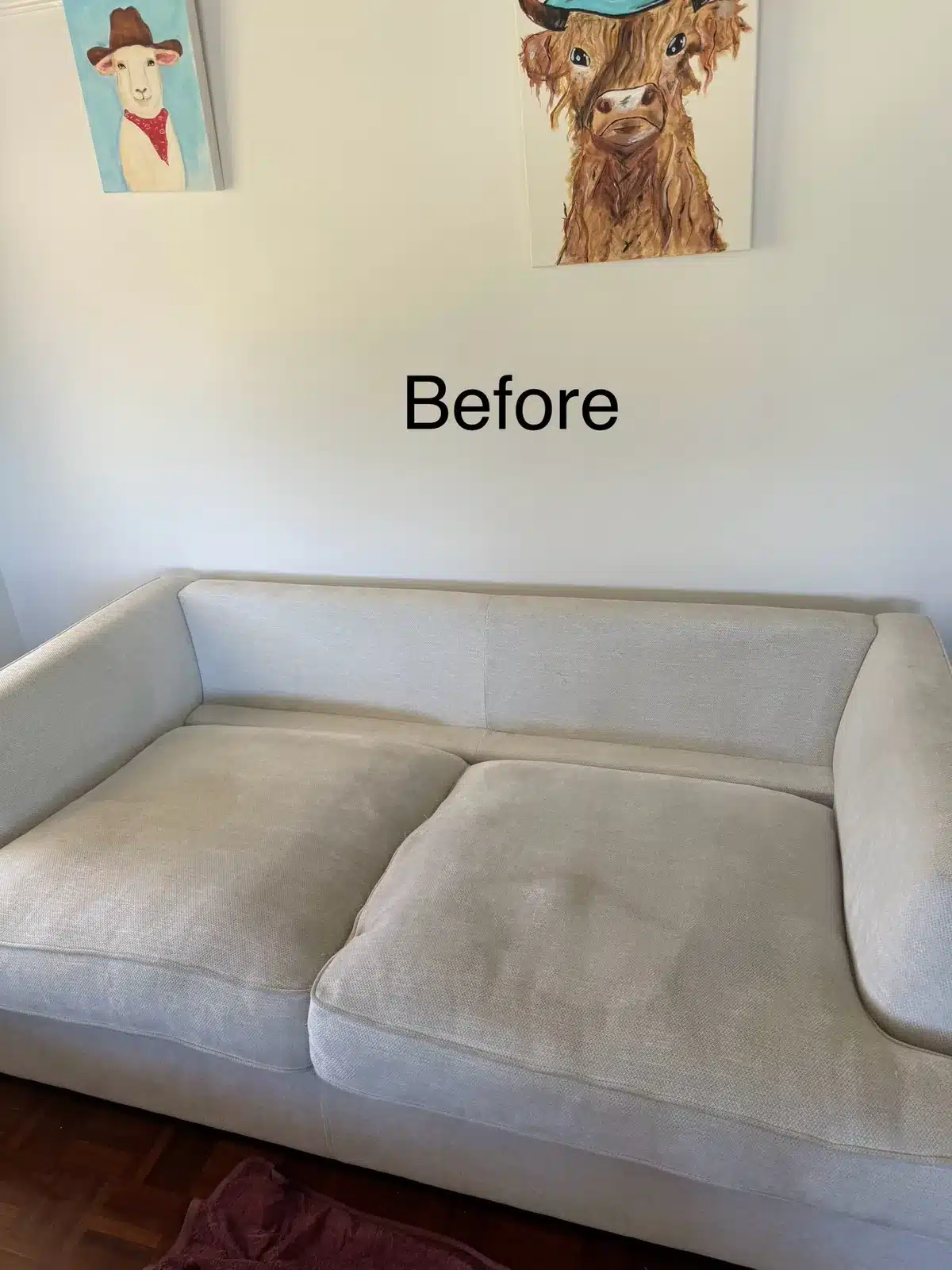 Before: cream fabric couch cleaned in a Melbourne lounge room