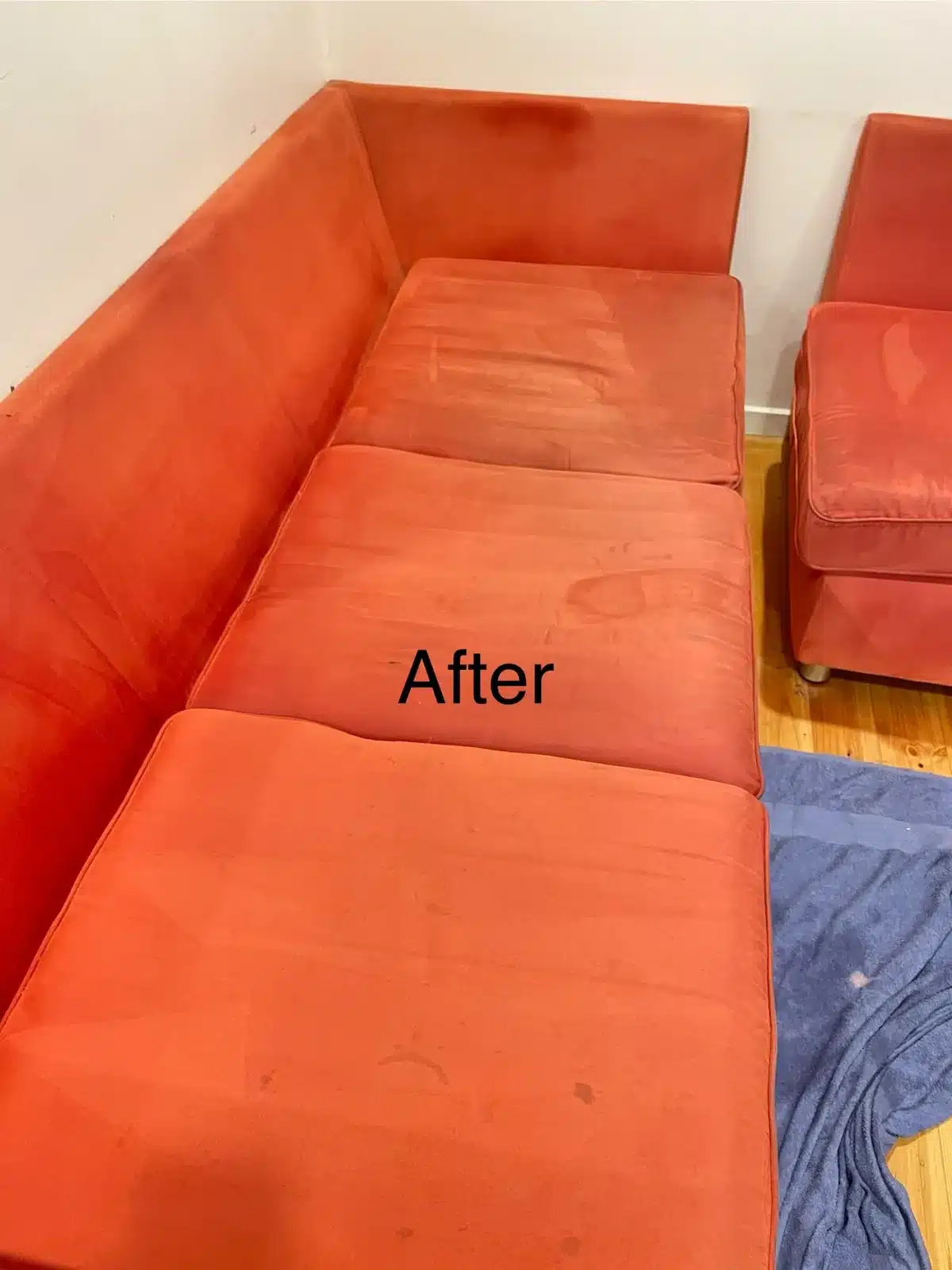 After: heavily stained orange suede corner lounge cleaned