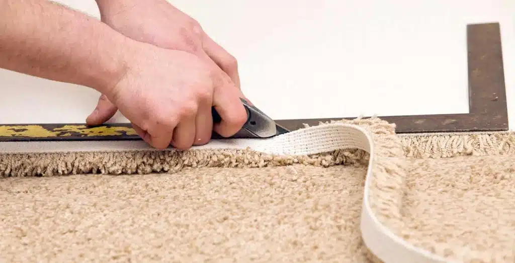 Carpet repair technician patching damaged carpet in a Melbourne home
