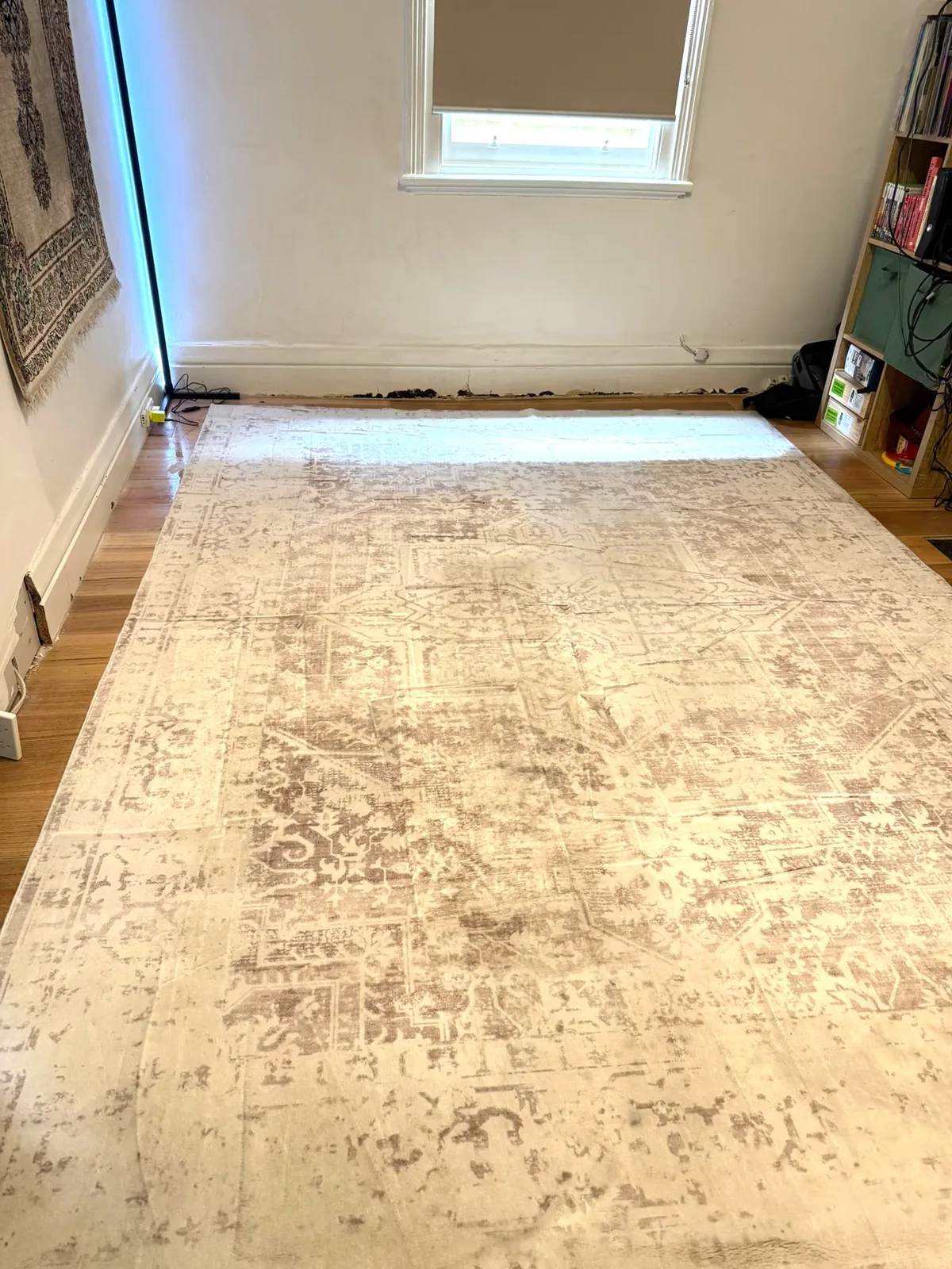 After: the same pale patterned rug cleaned, with the soiling and dark stain lifted and the pile groomed